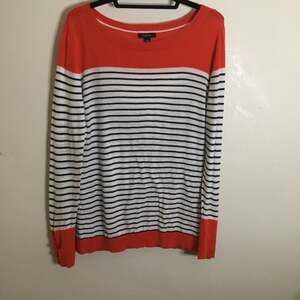 Nautica Women's Striped Sweater, Orange & Navy Knit Pullover, Size L preppy